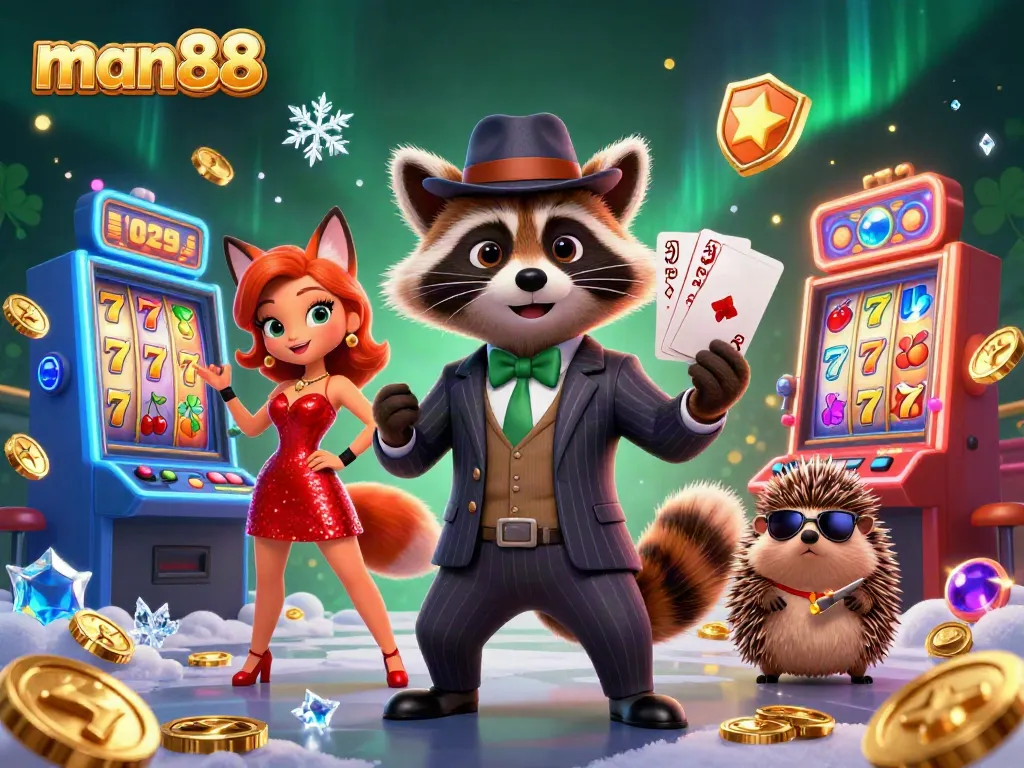 Play casino games at man88 with vibrant characters and exciting slot machines surrounding them