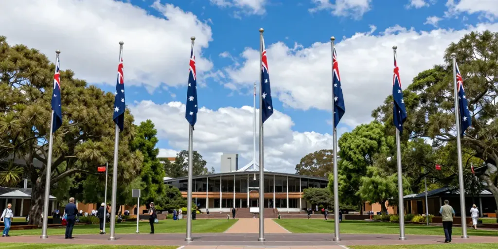 Stunning display of flagpoles Australia with Australian flags at a government location.