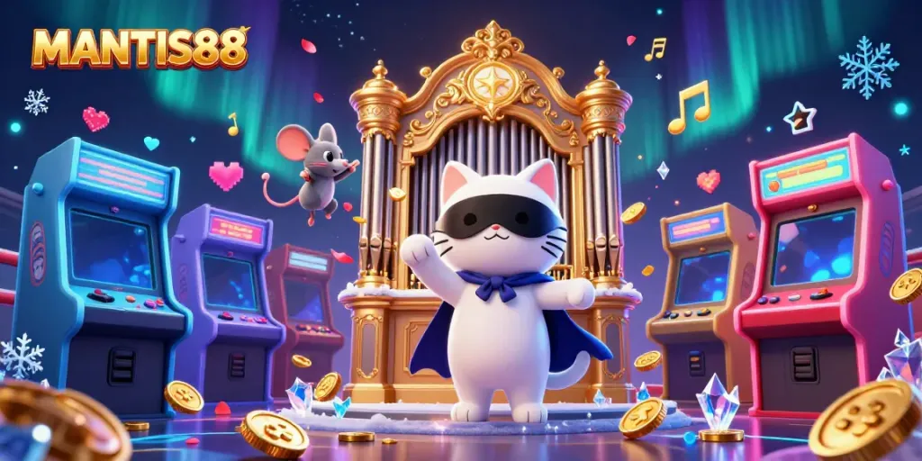 MANTIS88 gaming illustration with a cat and mouse ensemble amidst vibrant arcade elements.