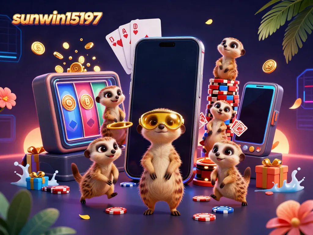 Experience fun at sunwin15197 with meerkats in a vibrant casino scene, featuring slot games and chips.