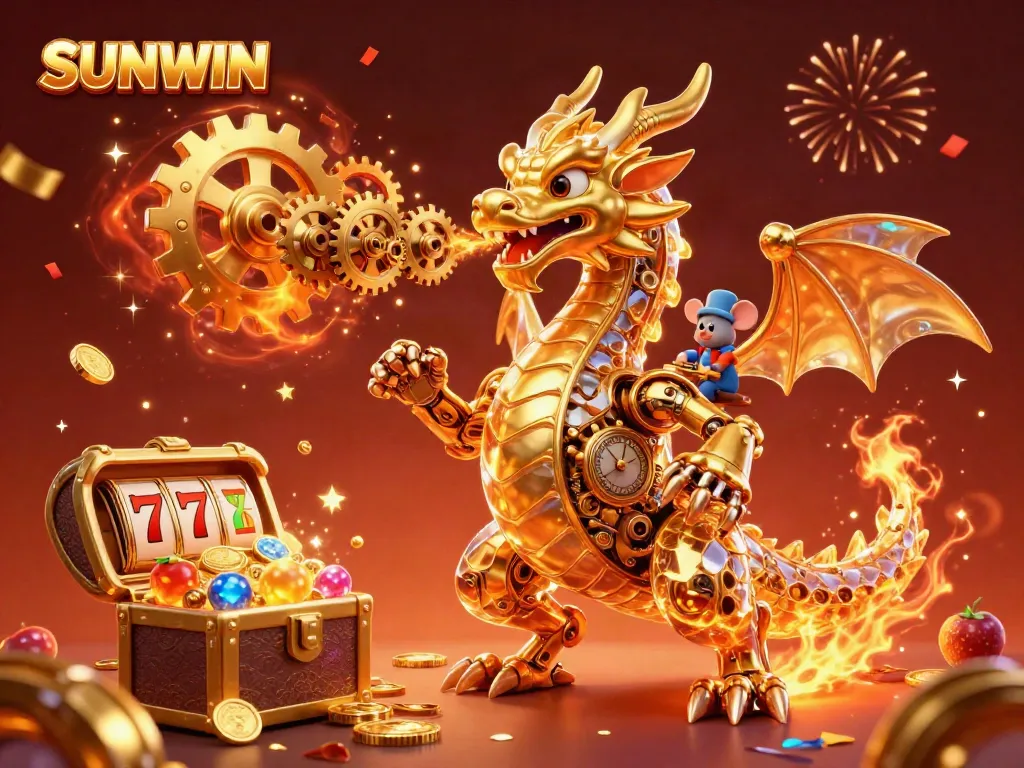 Experience the thrill of SUNWIN with an intricate 3D casino scene featuring a golden dragon, gold coins, and vibrant slot elements.
