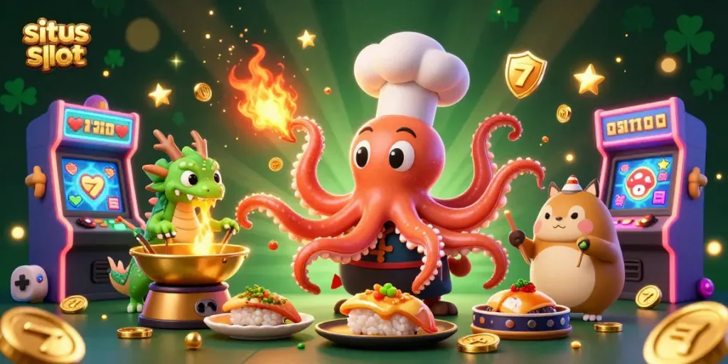 Engage with situs slot excitement in this vibrant illustration of a sushi chef octopus and dragon!