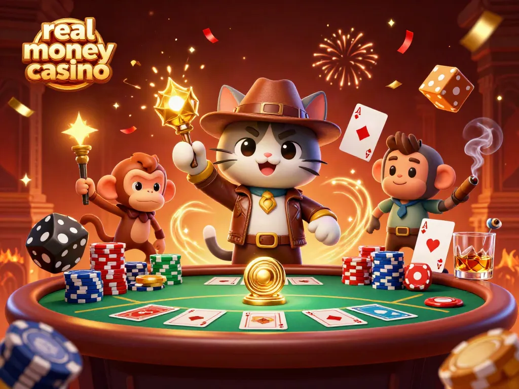 Engaging 3D scene showcasing an explorer cat discovering a prize at a real money casino.