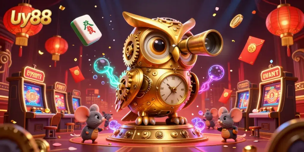Experience vibrant casino excitement with uy88 featuring a golden owl and animated patrons in a dynamic scene.