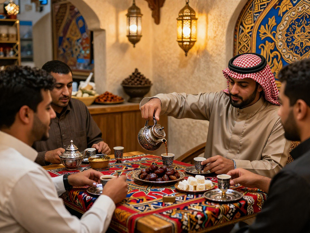 قهوجي الرياض يقدم القهوة العربية في مقهى تقليدي، مع أجواء دافئة وتفاصيل ثقافية غنية.