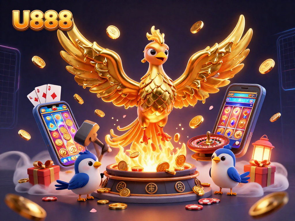 Experience thrilling casino excitement with the golden phoenix of U888 unleashing coins and slot games.