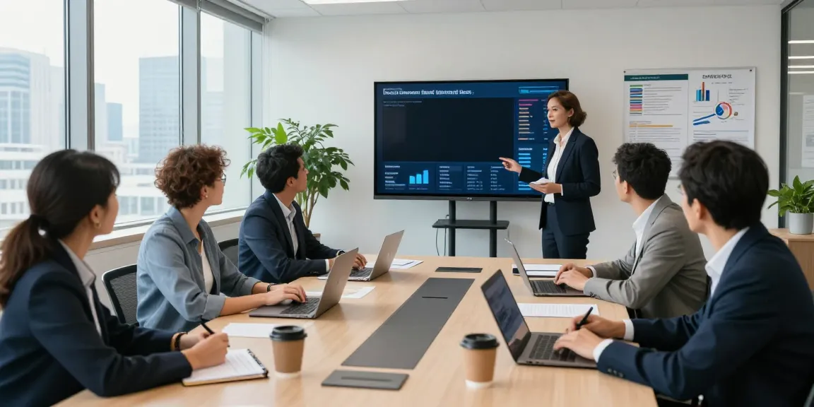 Team discussing insurance market news in a modern office setting.