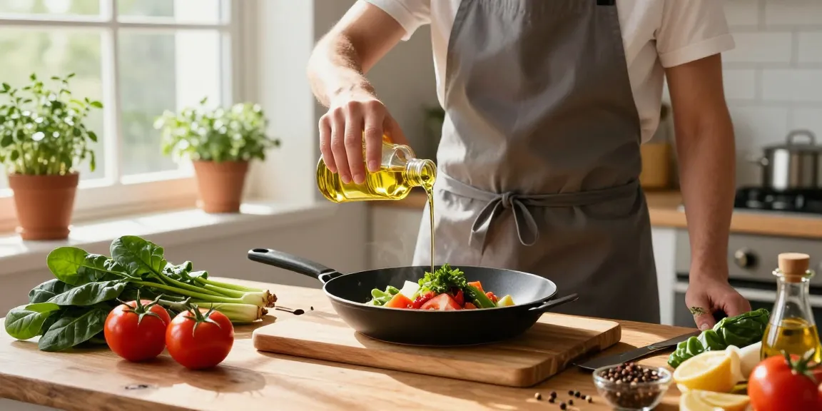 Menyiapkan hidangan sehat dengan minyak berkualitas dari https://merdeka123.info/ di dapur modern yang cerah.