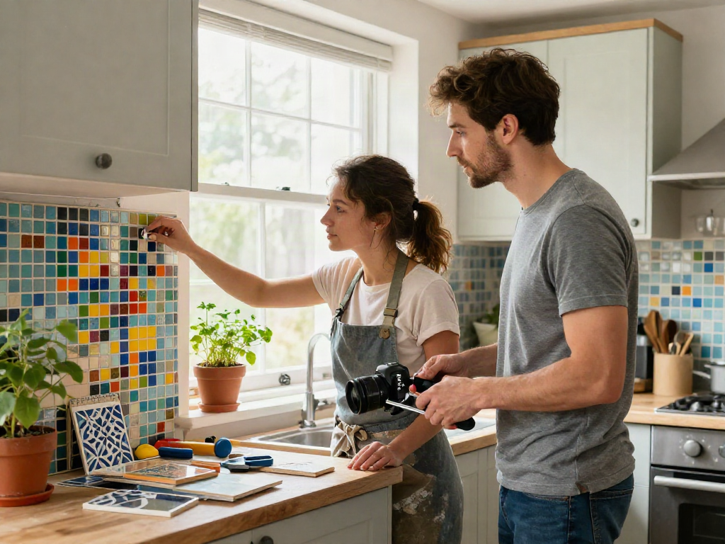 Young couple working with mosaic tiles in a stylish kitchen in Sydney, creating a vibrant backsplash.