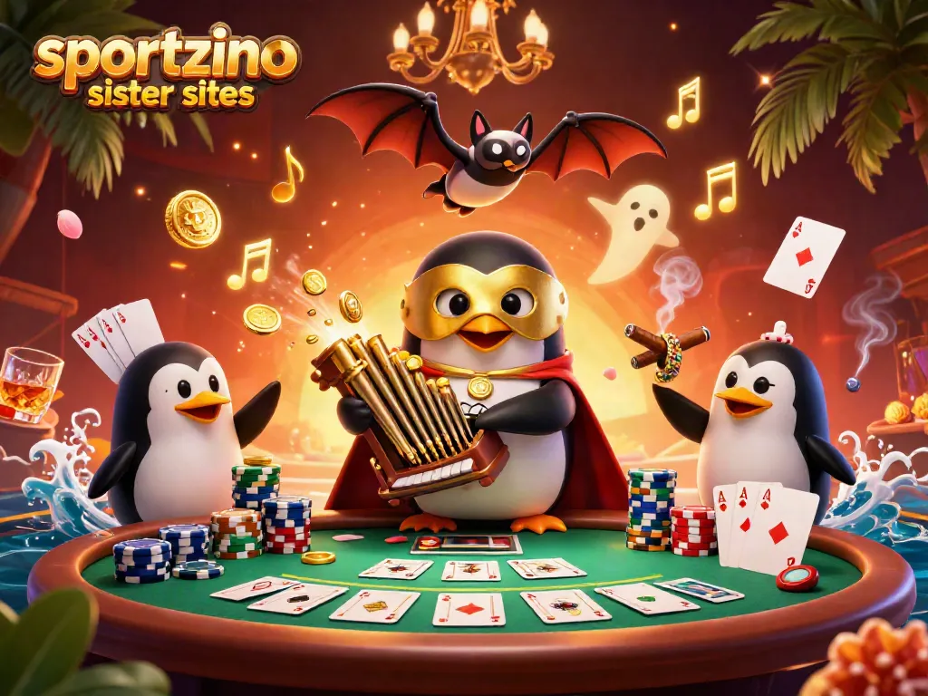 Spin golden coins with sportzino sister sites in a vibrant casino scene.
