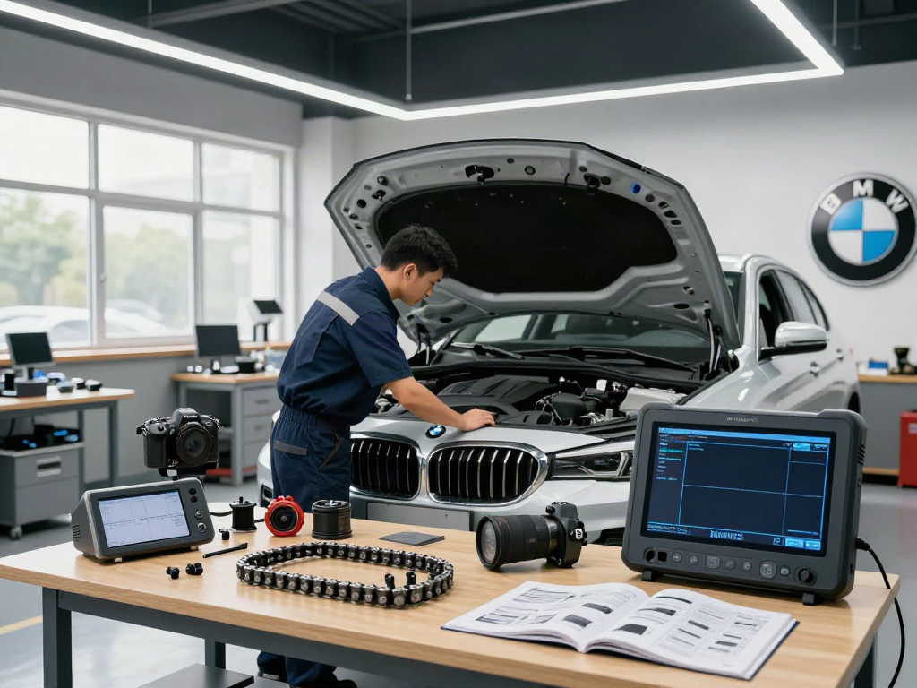 BMW Steuerkette Wechseln Hannover: Mechaniker überprüft Motor in Werkstatt.