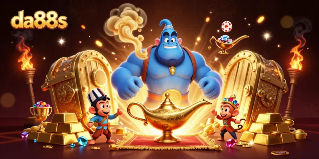 Experience the allure of da88s with a dynamic illustration featuring a genie and treasures of the casino world.