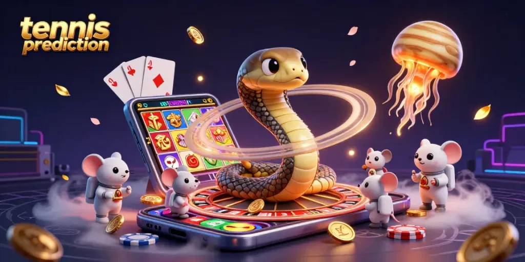 Engage in tennis prediction with a vibrant 3D illustration featuring betting mice and cosmic dealer.
