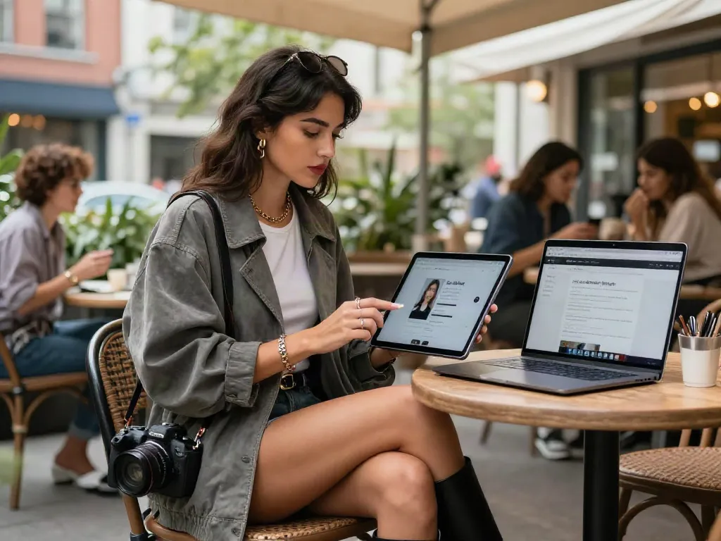 Young woman showcasing Roma Army OnlyFans at urban café, stylish outfit, smartphone engagement.