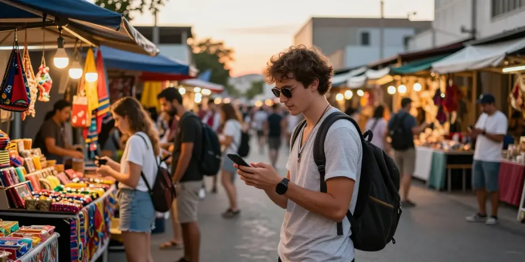 נסיעה עם eSIM לחול בשוק עירוני צבעוני עם מתנדבים ואור שמש זורם
