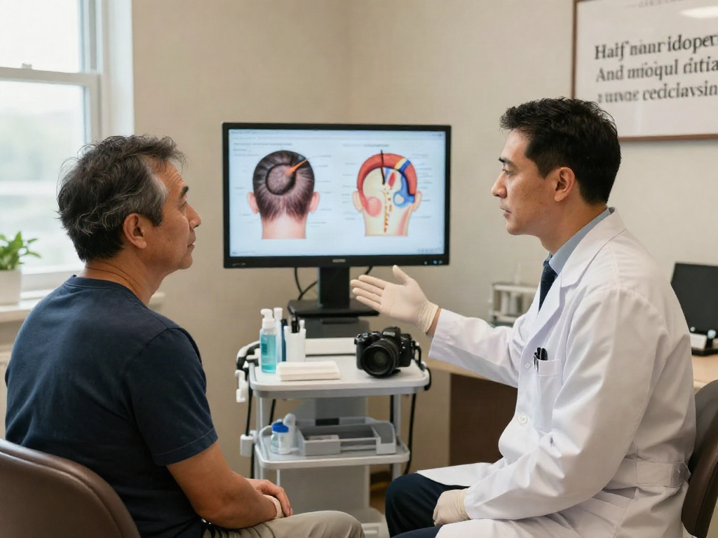 Hair transplant turkey consultation between a surgeon and a patient in a warm clinic setting.