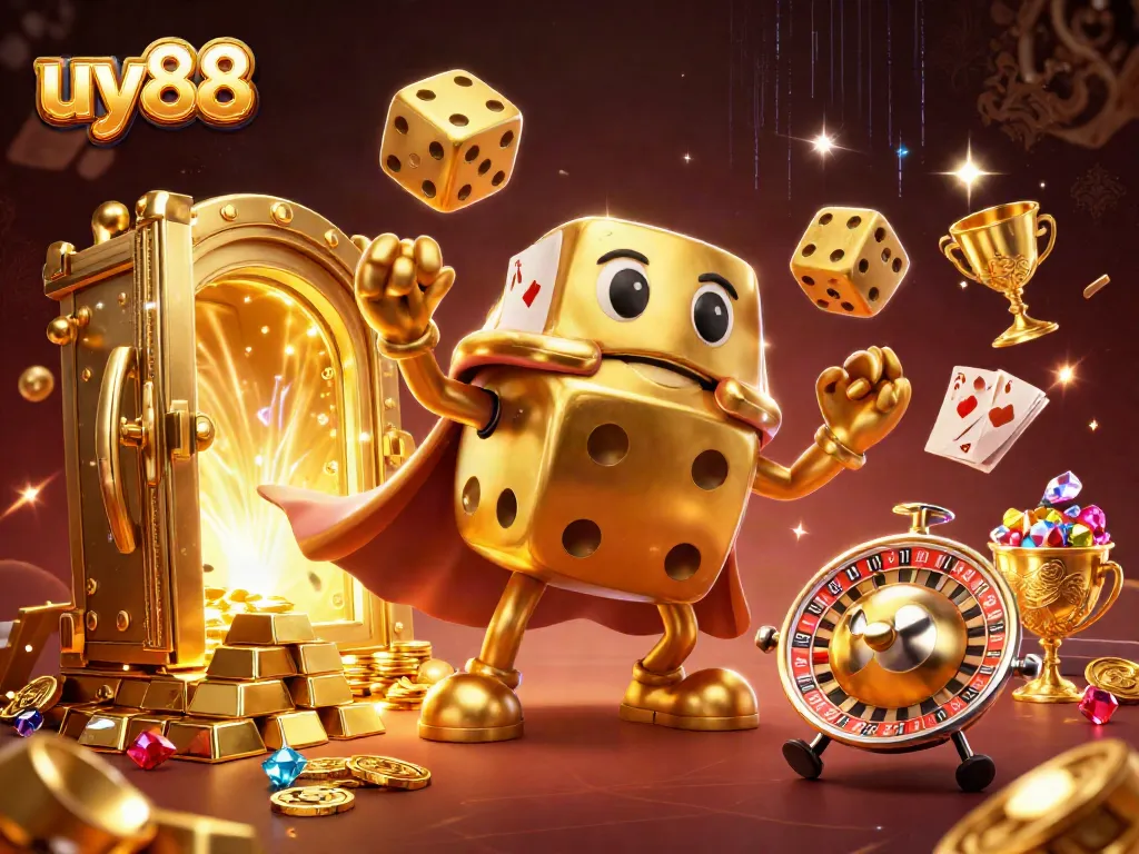 Engage with uy88's thrilling gaming scene featuring dynamic golden dice and treasure.