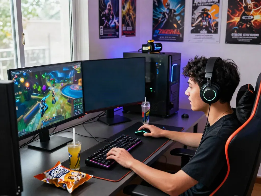 Engaging online gaming experience showcasing a player immersed in game online action with vibrant graphics and gaming setup.