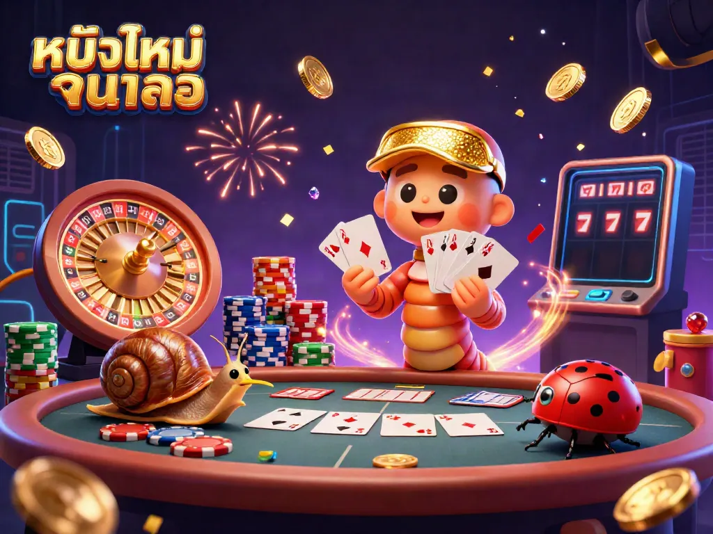 Celebrate with หนังใหม่ชนโรง featuring a vibrant casino scene with animated characters gaming and excitement.