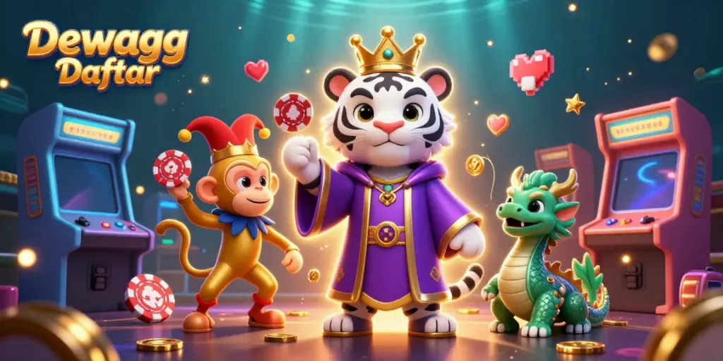 Engage in thrilling gaming action with Dewagg Daftar featuring a royal tiger, juggling monkey, and vibrant casino elements.
