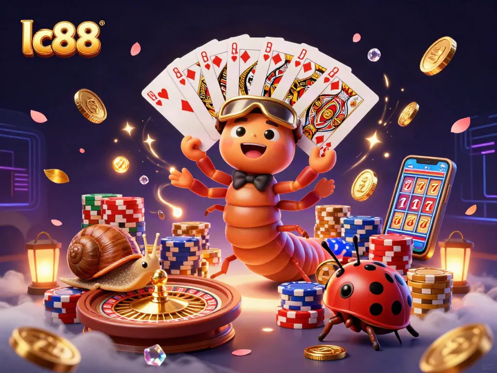 lc88 casino scene featuring a millipede dealer and snail high-roller amidst vibrant gaming elements.