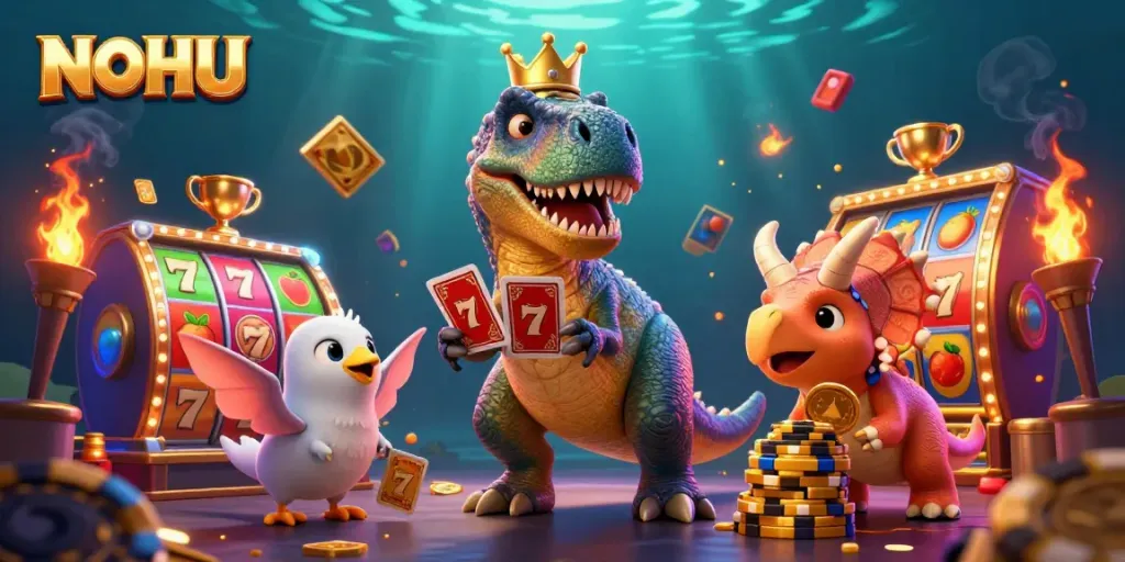 Experience jackpot excitement with NOHU's vibrant casino scene featuring a playful T-Rex and shimmering slot reels.