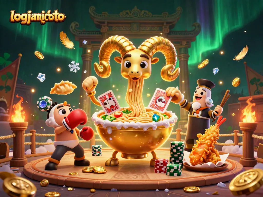 Engage in excitement with login jambitoto at a vibrant casino scene featuring a giant ramen bowl and dynamic characters.