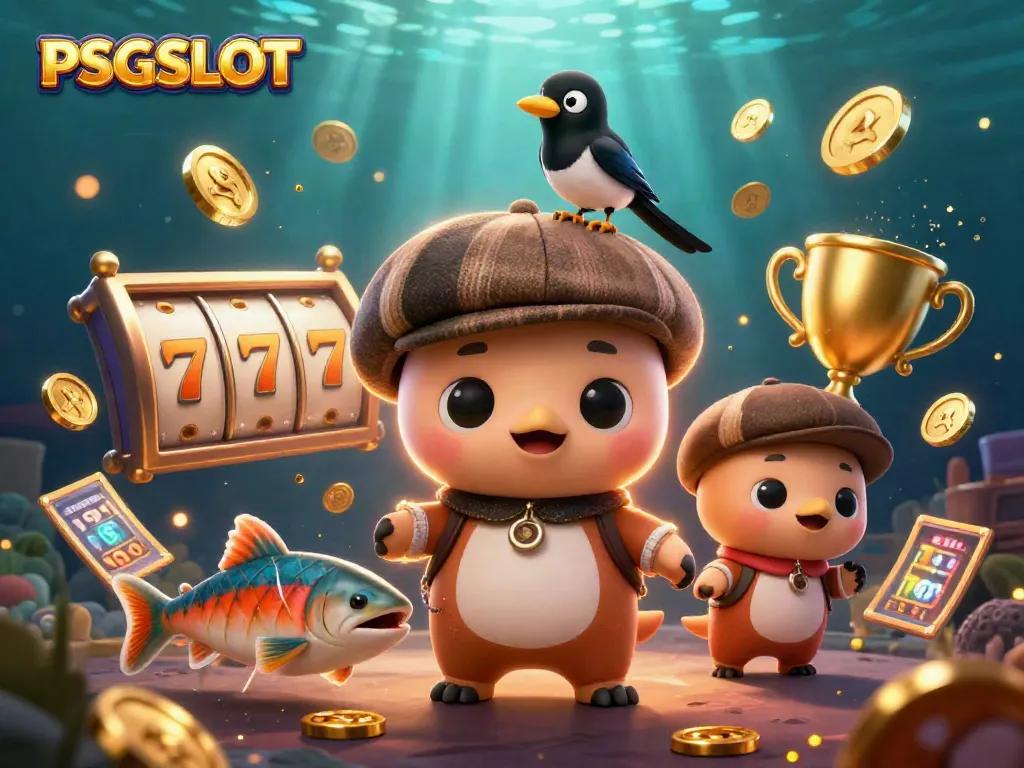 Engage with PSGSLOT’s vibrant casino world featuring playful characters and dynamic slot elements.
