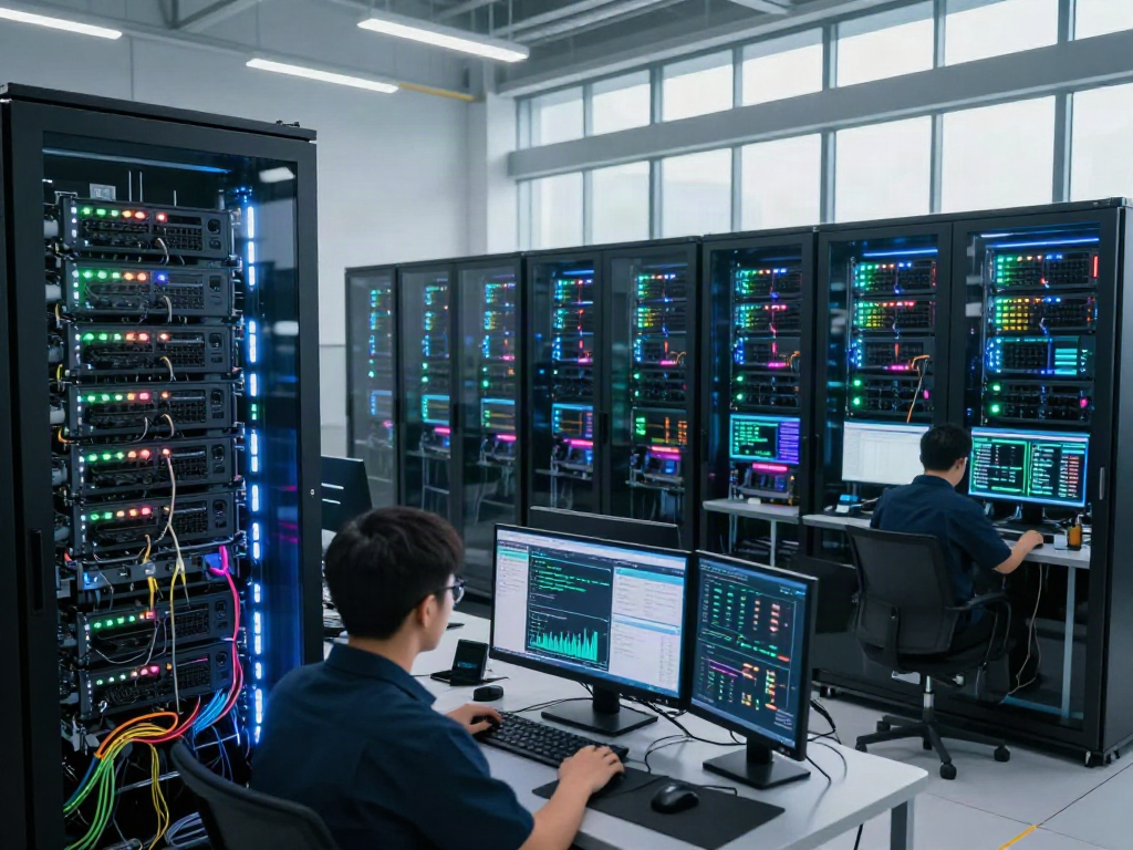 AI data center with GPU servers and technicians analyzing real-time data in a modern facility.