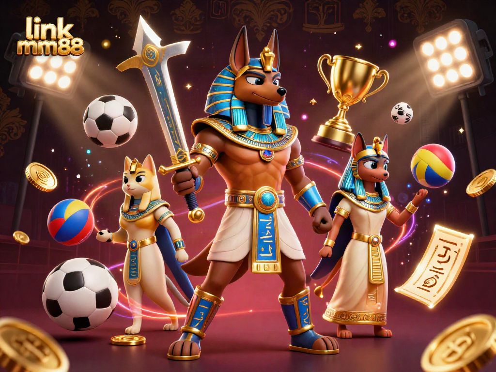 Experience thrilling action with link mm88 as Anubis and Bastet guard treasures amidst dynamic sports elements.