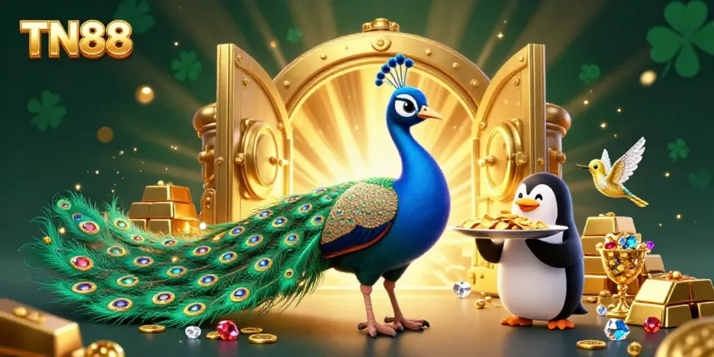 Experience the vibrant world of TN88, where a peacock, penguin, and hummingbird celebrate casino riches amid sparkling treasures.