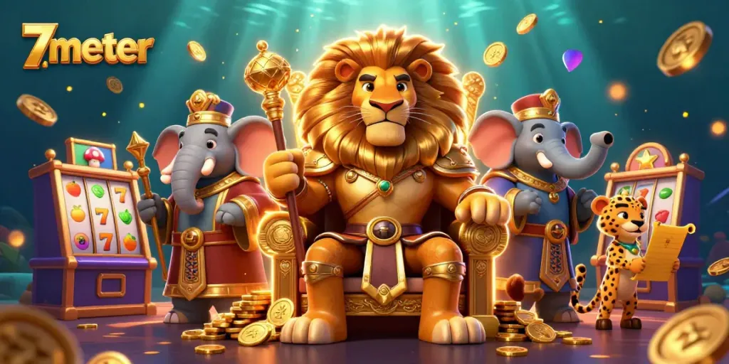 Engage with 7meter cashback through an exciting casino scene featuring a lion king, elephant advisor, and cheetah in action.