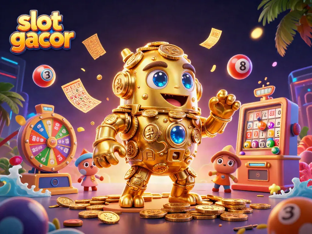 Experience thrilling wins with slot gacor, featuring a vibrant 3D scene of dynamic casino elements.