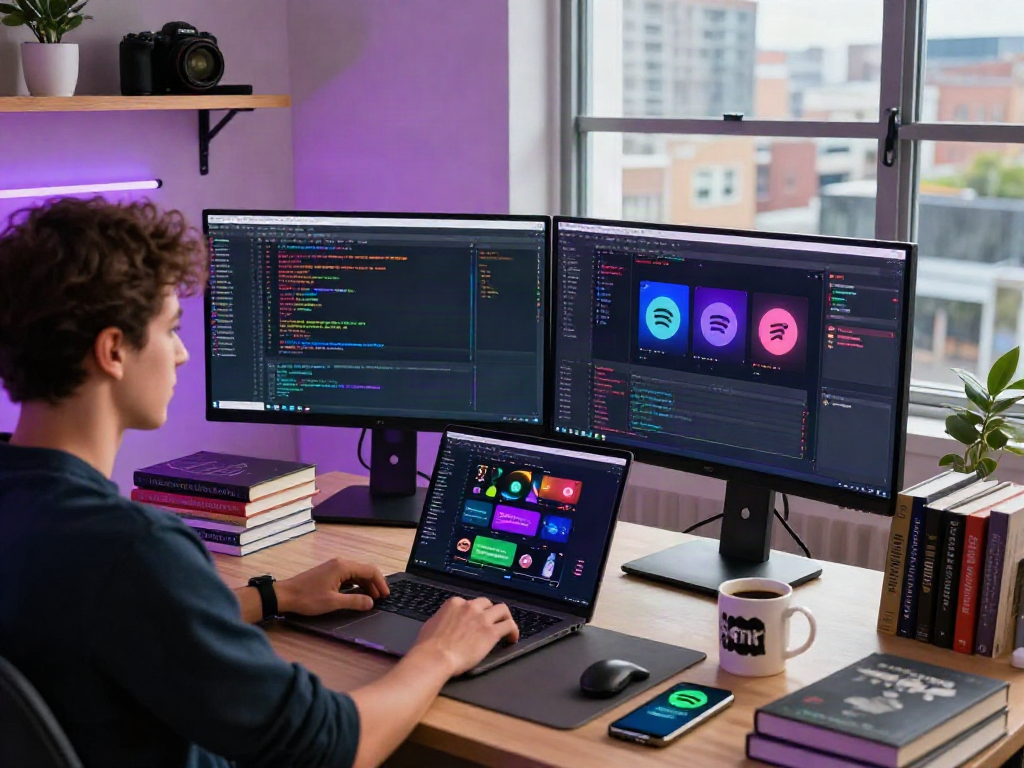 Creating a spotify mod in a modern digital workspace with colorful code and music app interface