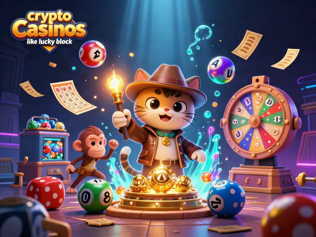 Engage with crypto casinos like lucky block featuring vibrant games and dynamic prizes in an exciting illustration.