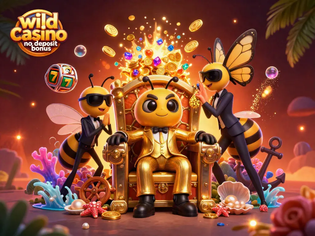 Explore the wild casino no deposit bonus with vivid imagery of a cartoon bumblebee mob boss and rich gaming elements.