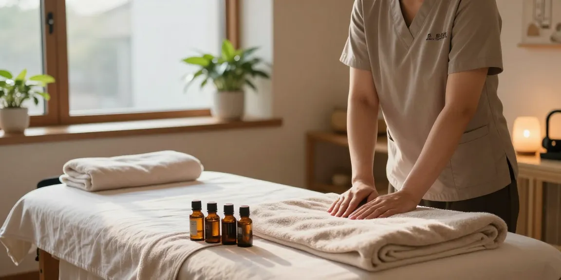 Relaxing 부천출장안마 setting with a therapist preparing the massage space.