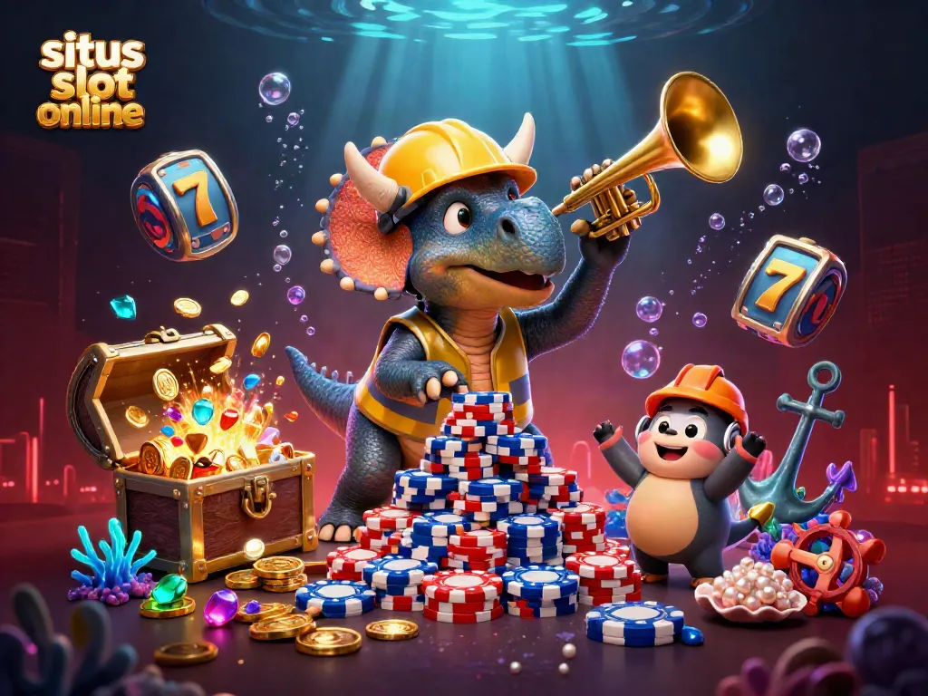 Experience excitement with situs slot online: a triceratops building poker chip pyramids amidst underwater treasures.