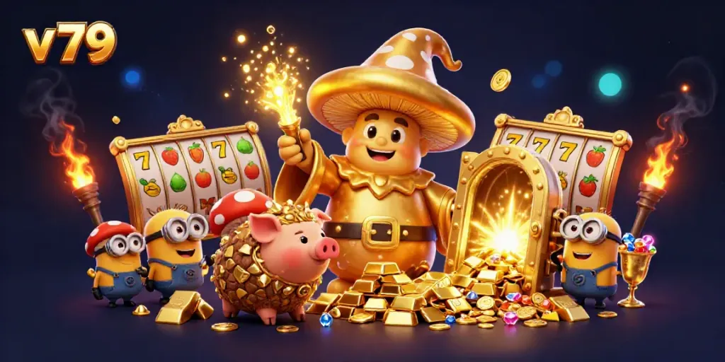 Engage in exciting casino action with the magical scene of v 79 illustrating a golden mushroom wizard and treasures.