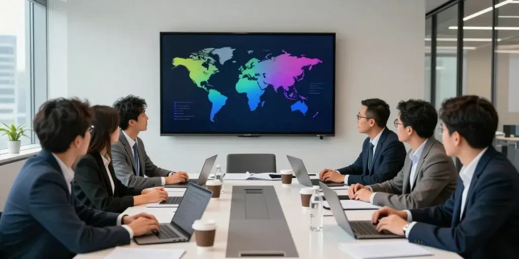 International business expansion into Australia consultation with a diverse team in a professional office setting.