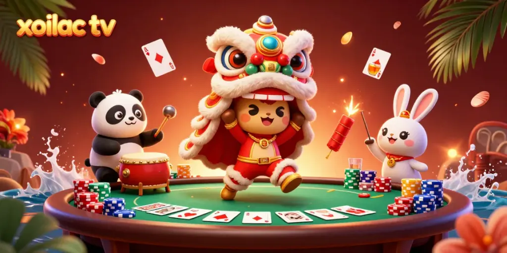 Xoilac TV showcases an exciting gambling scene with colorful poker elements and lively characters.