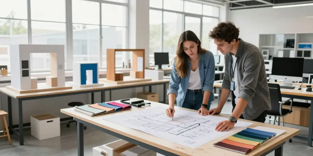 Custom exhibition stands design process with client discussing plans in modern workspace.