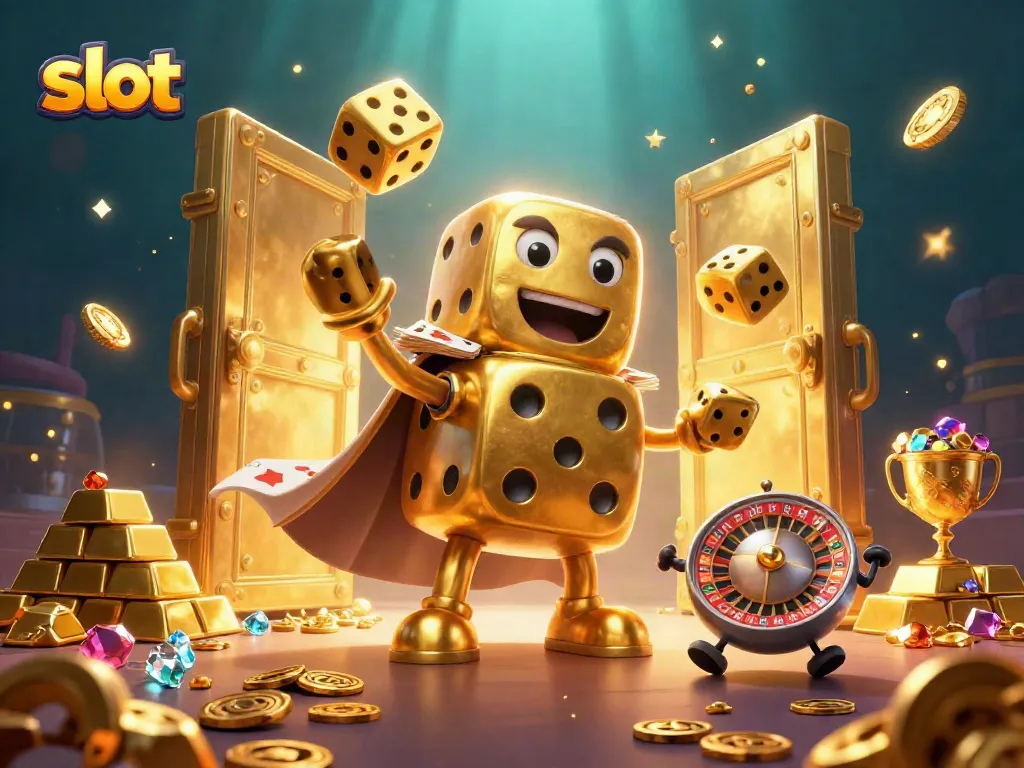 Engage in thrilling slot action with a vibrant golden dice golem, lively characters, and dazzling treasures.