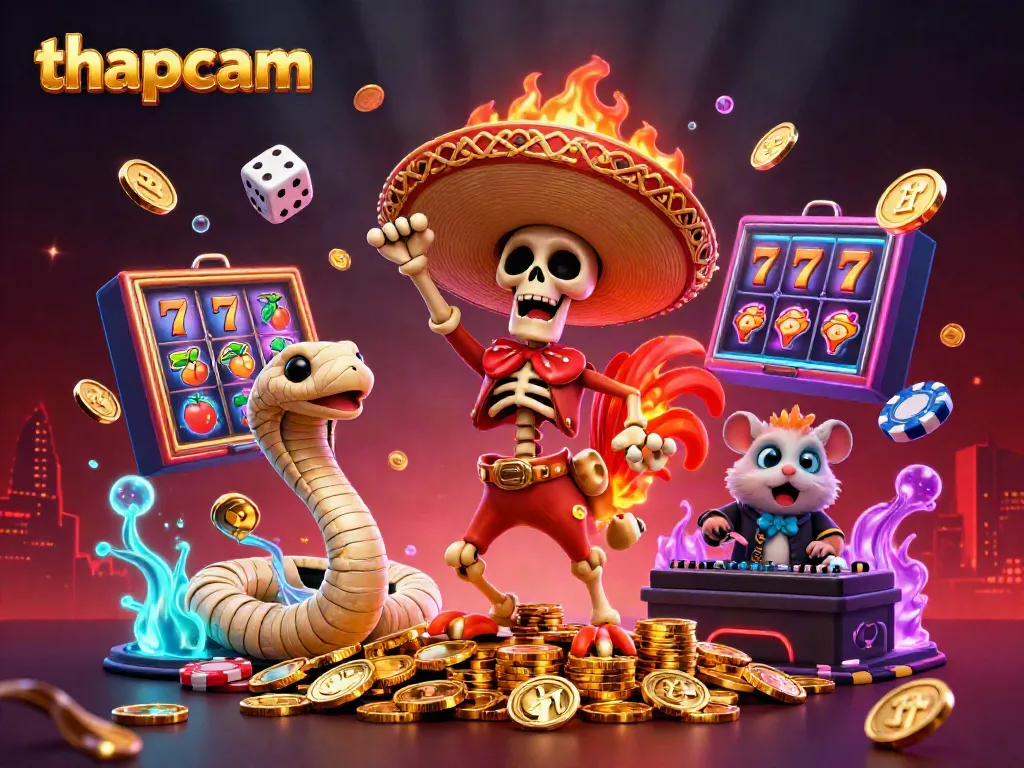 Engage with thapcam's lively casino scene featuring a dynamic mariachi rooster celebrating on golden coins.