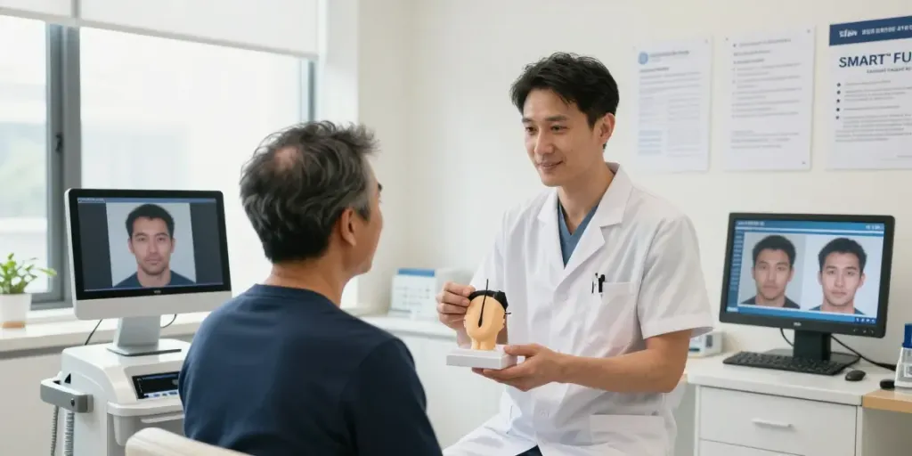 Hair Transplant Malaysia consultation with a doctor explaining the SMART™ FUE procedure to a patient