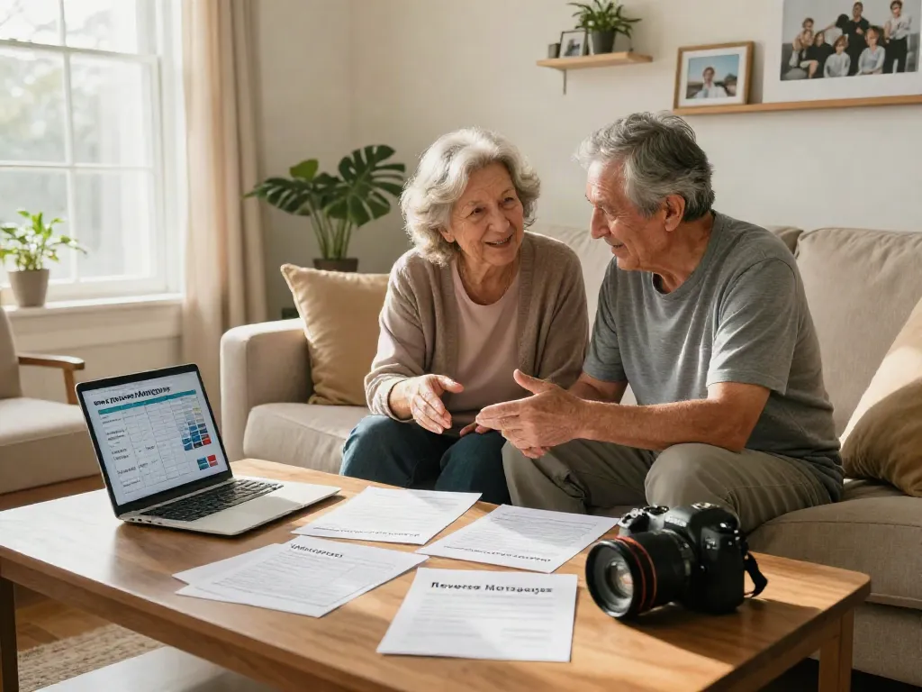 Older couple reviewing reverse mortgages in their cozy living room.