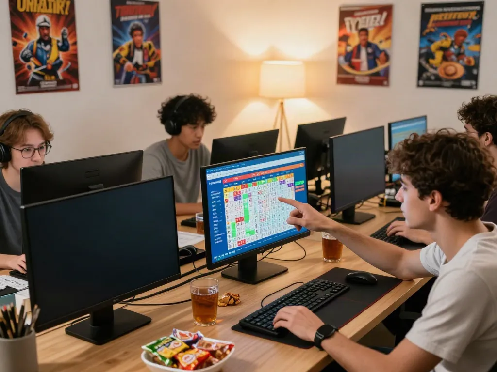 Engaged group of gamers enjoying togel online in a lively home office.