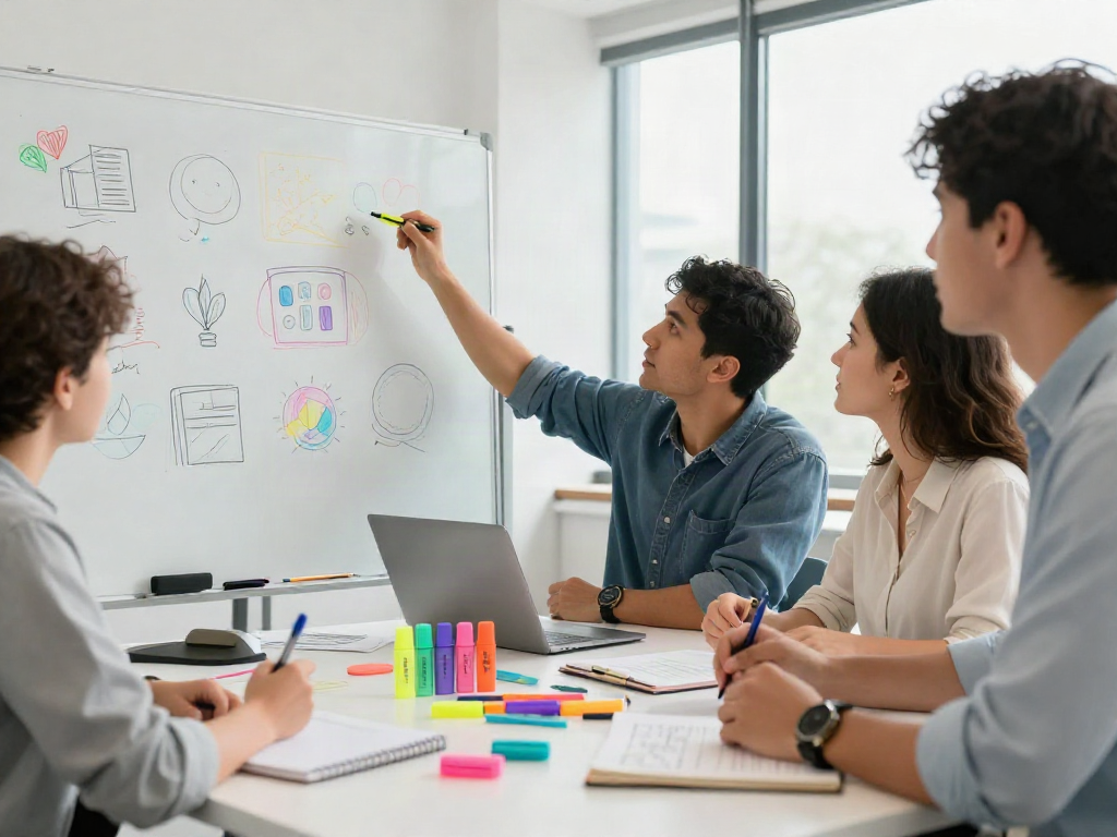 Highlighter pen supplier team brainstorming innovative erasable highlighter designs in a modern office