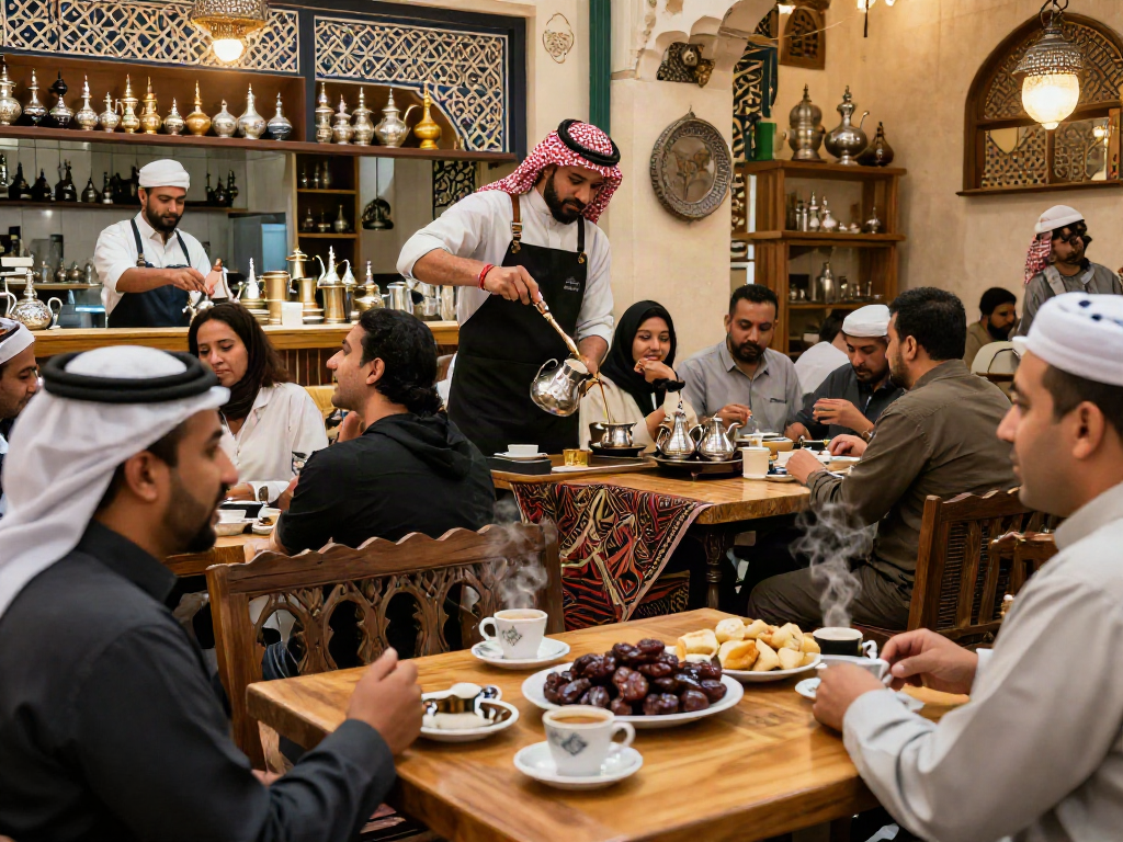 قھوجیین وصبابین في الریاض يتبادلون الأحاديث حول قهوة عربية تقليدية وأجواء دافئة.
