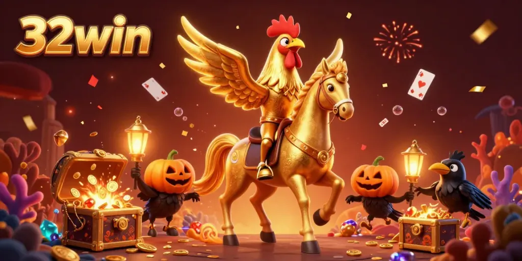 Experience excitement at 32win with a golden rooster riding through a vibrant midnight casino scene.